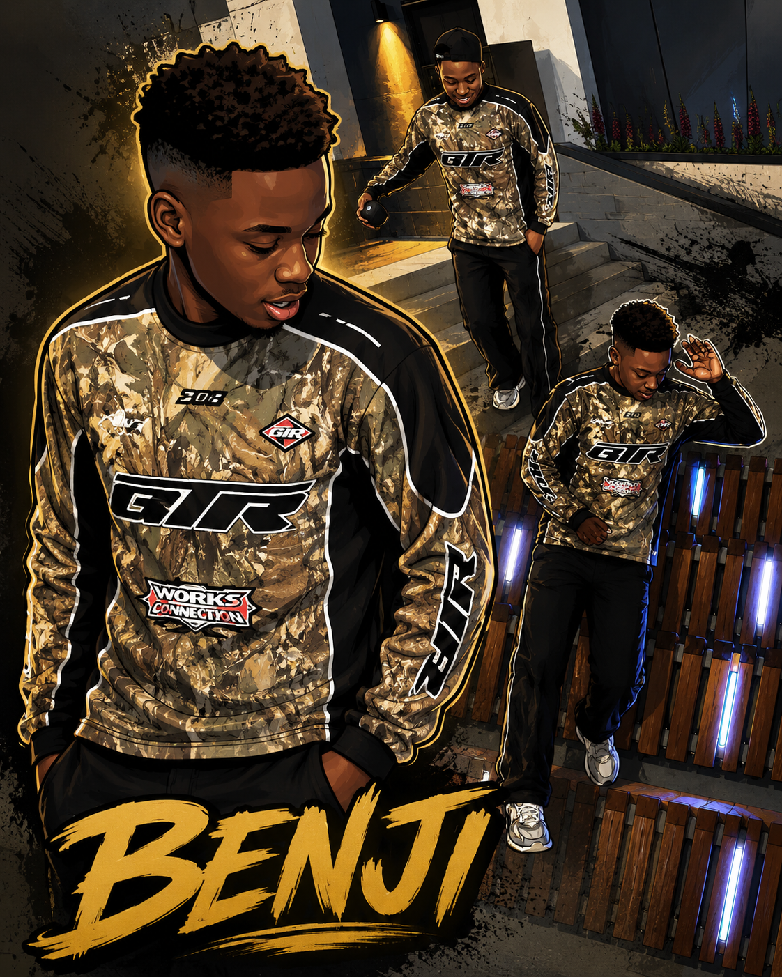 Benji in gold and black athletic wear